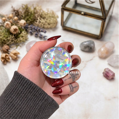 White/Silver Shattered Holographic Glass Dome Phone Grip – Iridescent Glitter Phone Holder