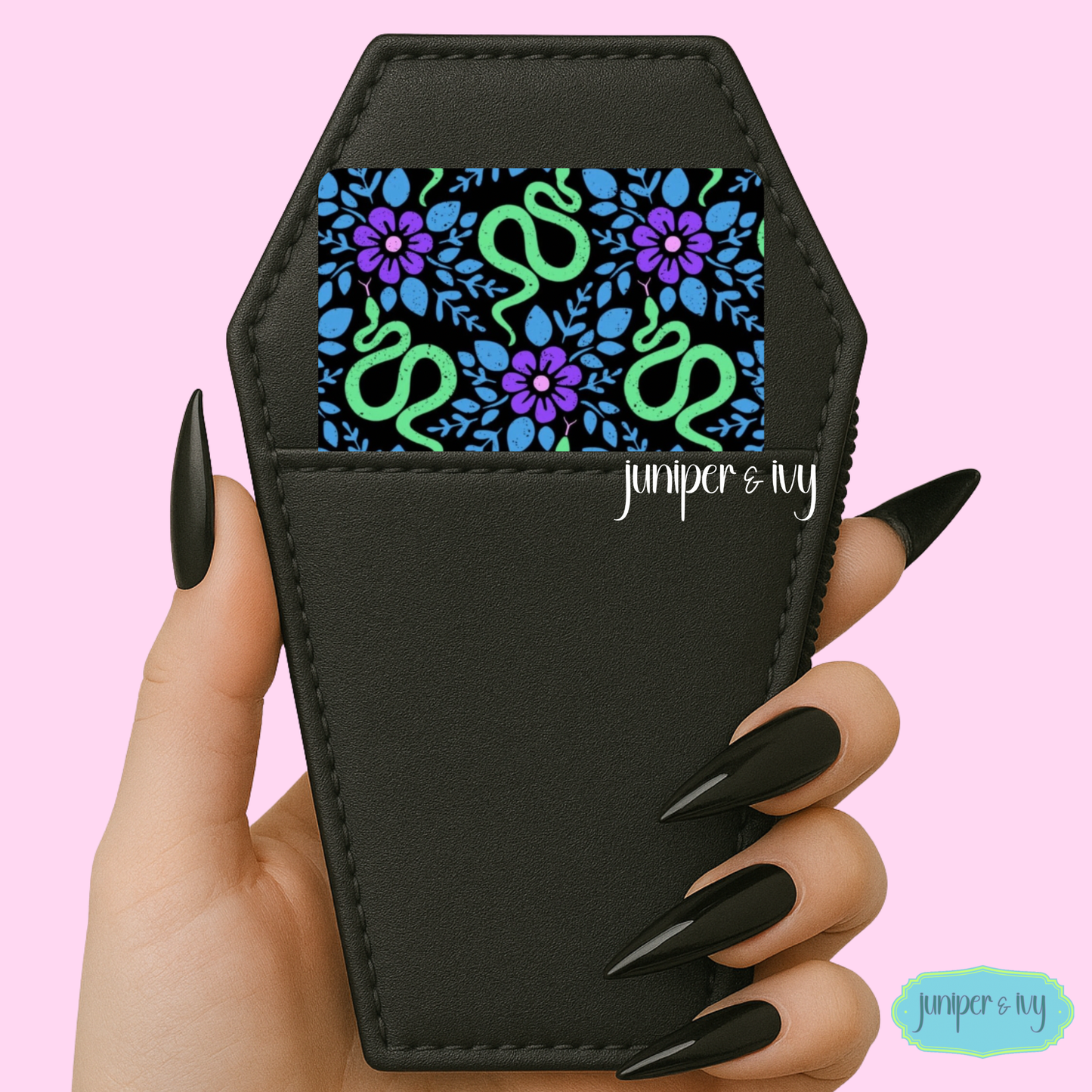 Snake Floral Card Sized Overlay | Goth Card Sized Sticker | Witchy Wallet Aesthetic | Black Floral Snake Pattern | Wallet Accessory