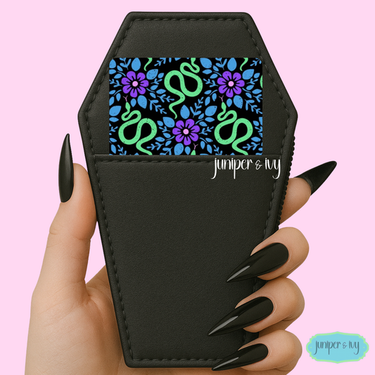 Snake Floral Card Sized Overlay | Goth Card Sized Sticker | Witchy Wallet Aesthetic | Black Floral Snake Pattern | Wallet Accessory