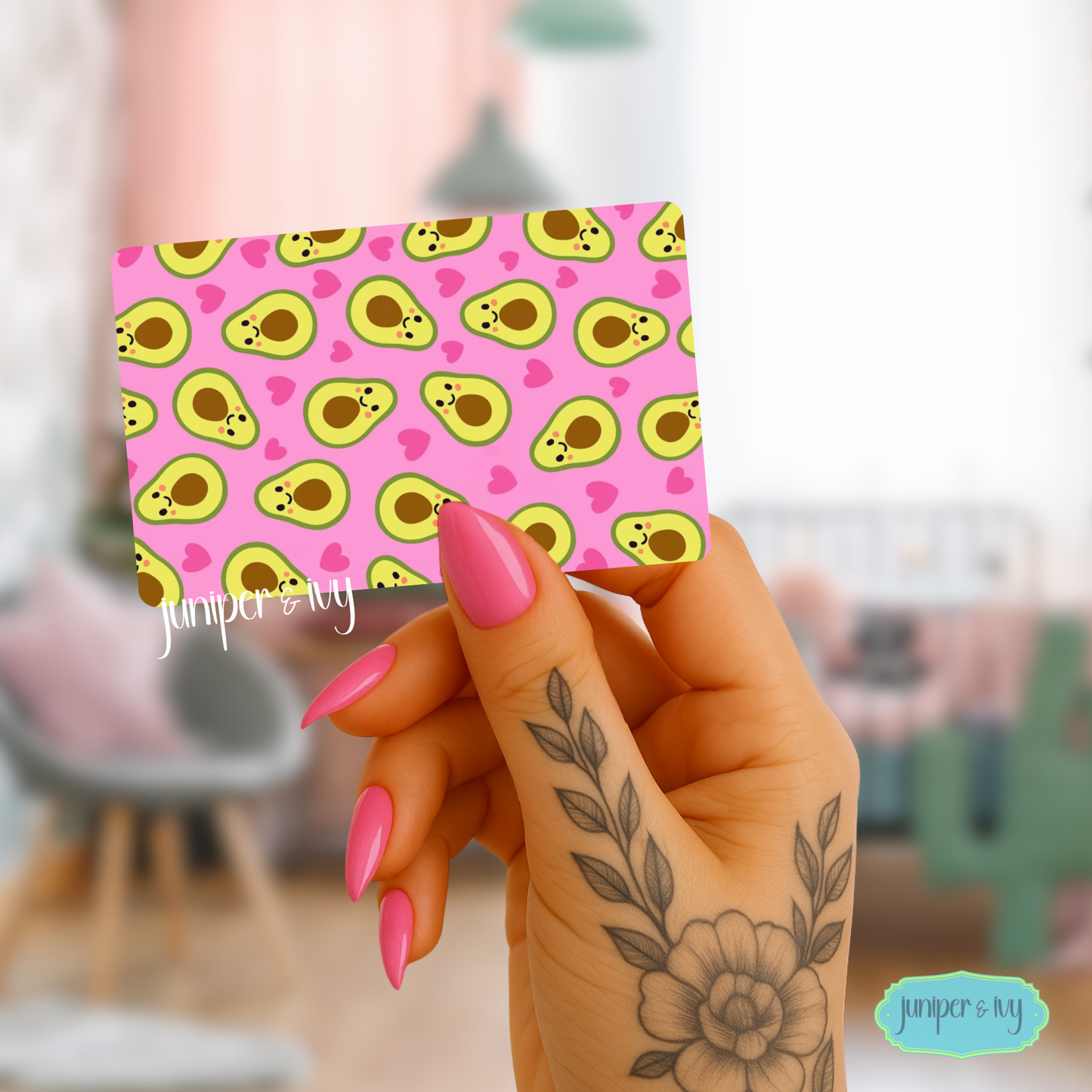 Kawaii Avocado Card Overlay | Cute Wallet Sticker | Pink Aesthetic | Avocado Pattern | Card Size Decal