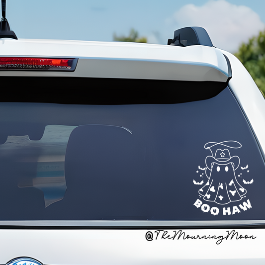 Boo Haw Ghost Cowboy Vinyl Decal | Spooky Western Car Window Sticker | Cute Halloween Cowgirl Decor