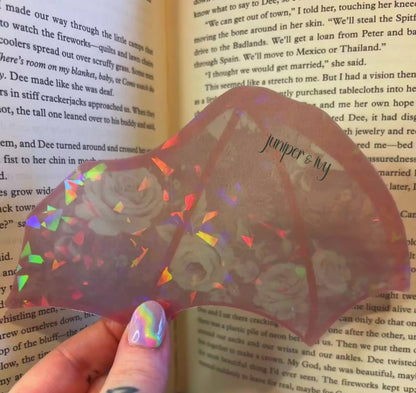 Holographic rainbow transparent pink floral batwing bookmark